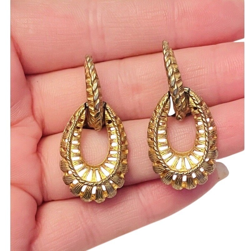Hoop Dangle Earrings Vtg Austria Signed Gold Metal Clip Motif Open Work Rare 40s